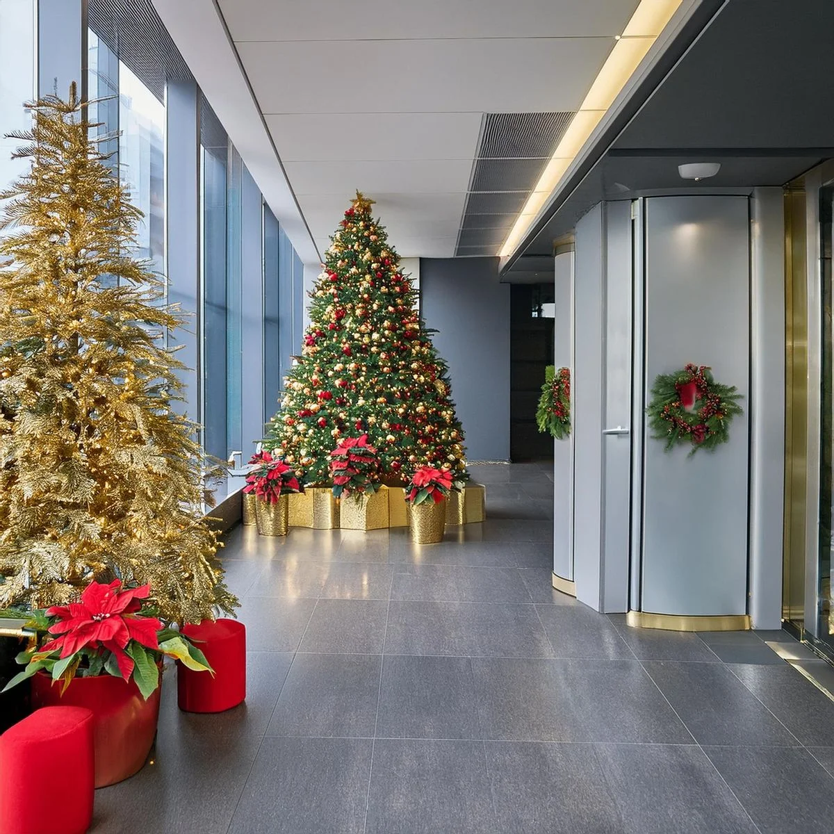 Christmas tree installation in a modern corporate lobby