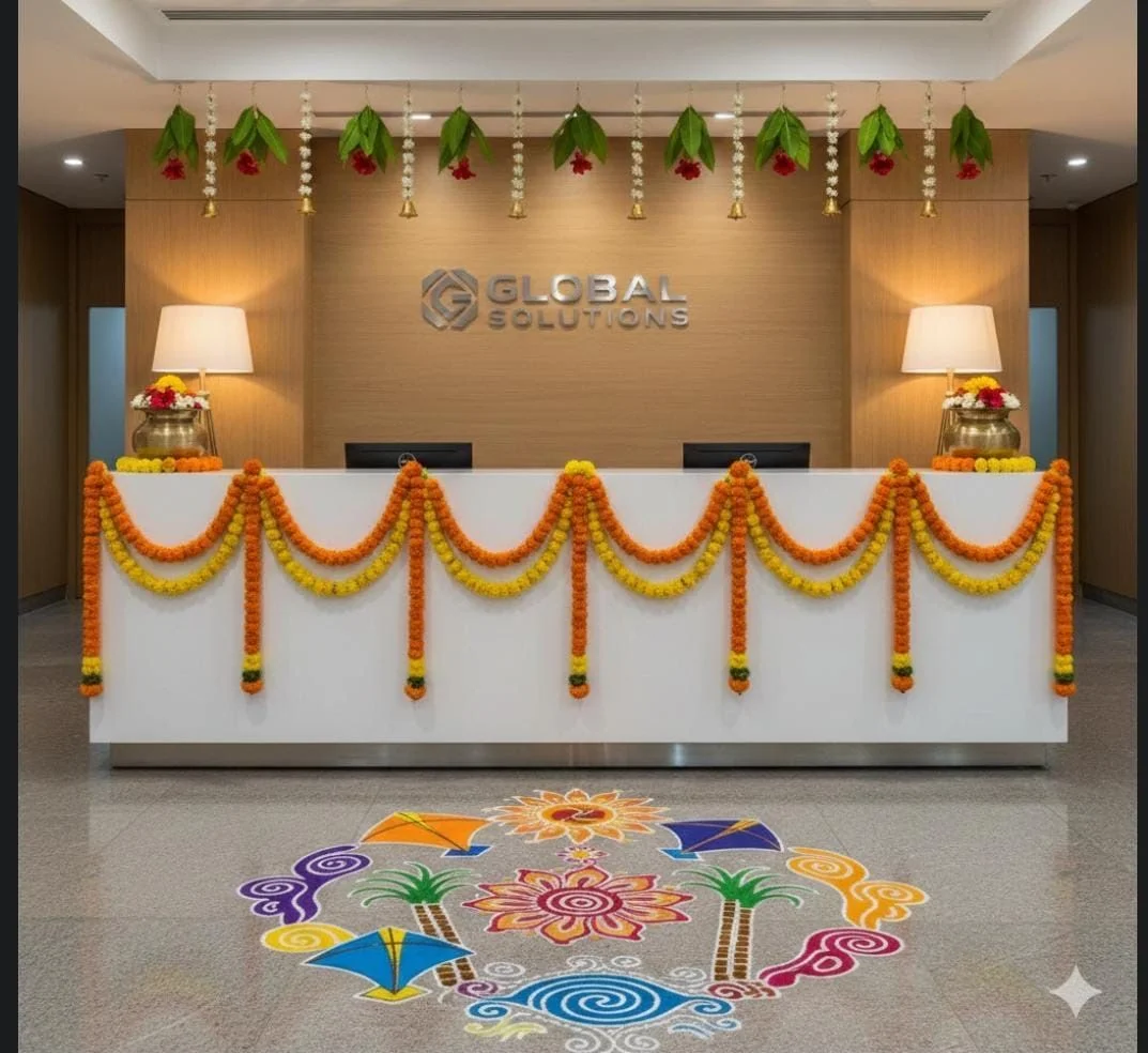 Corporate Diwali reception decorated with marigold garlands and rangoli