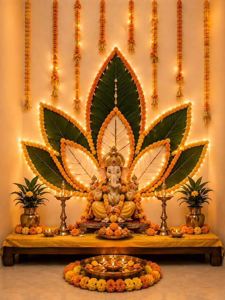 Corporate Ganpati mandap with foliage and floral styling