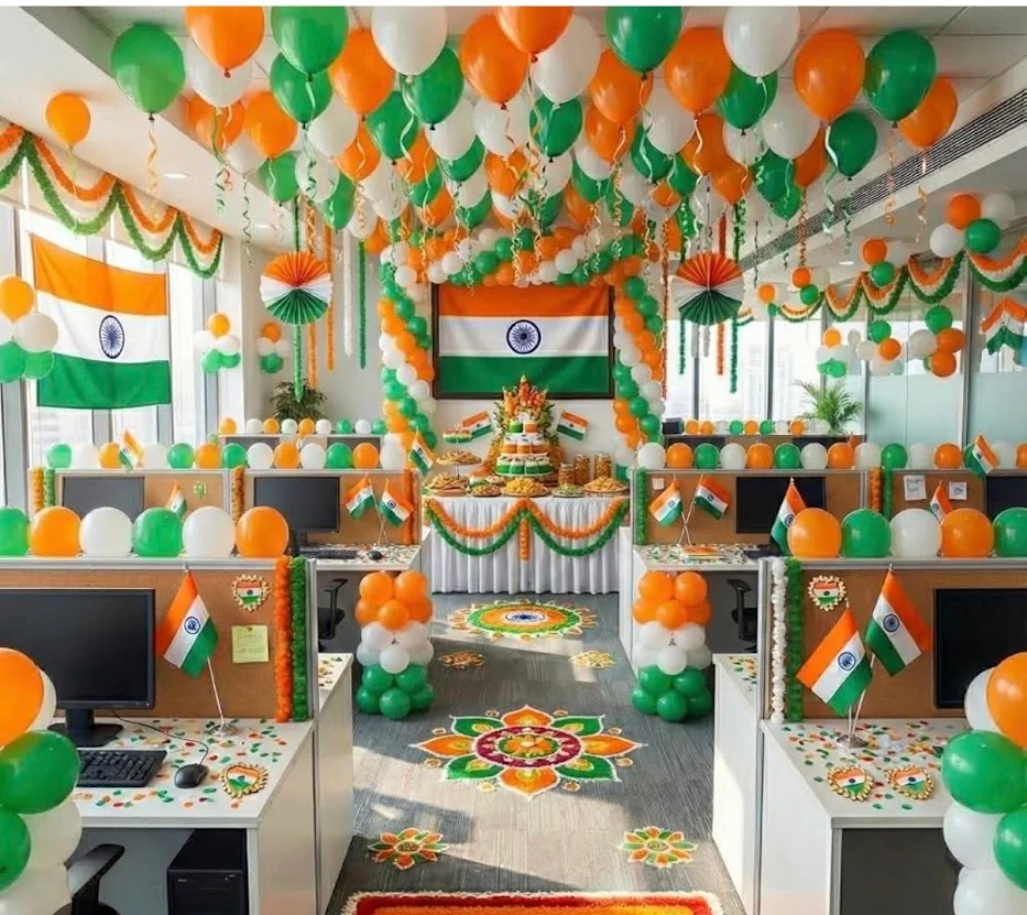 Office-wide Independence Day tricolour balloon decoration