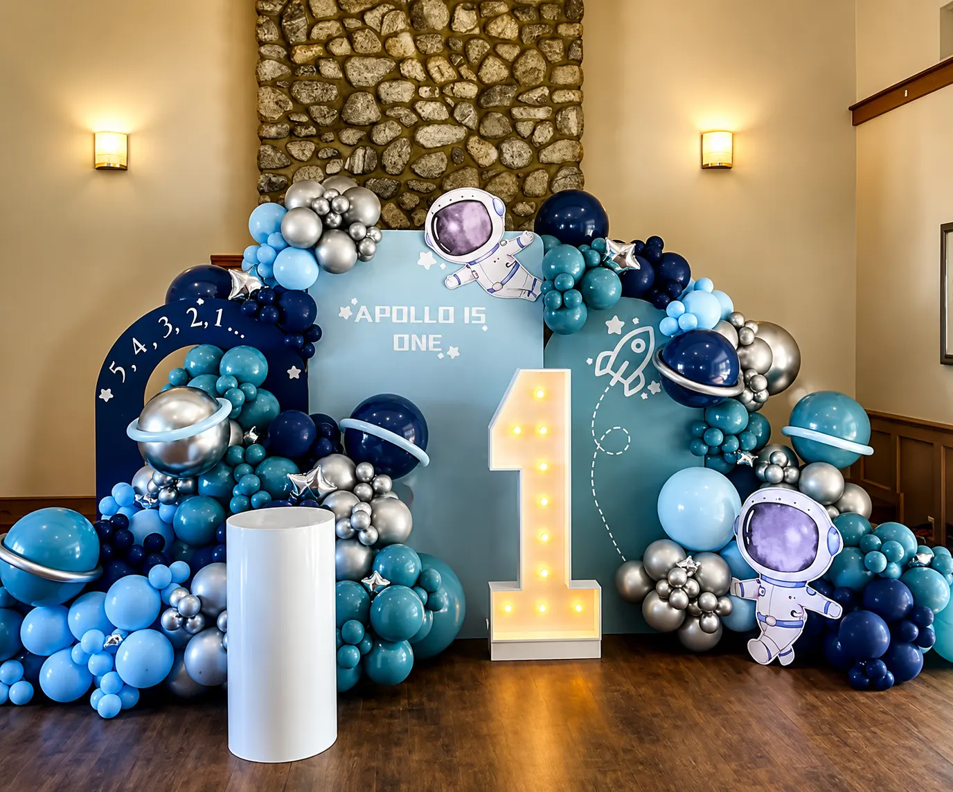 Space astronaut theme first birthday balloon decoration Noida