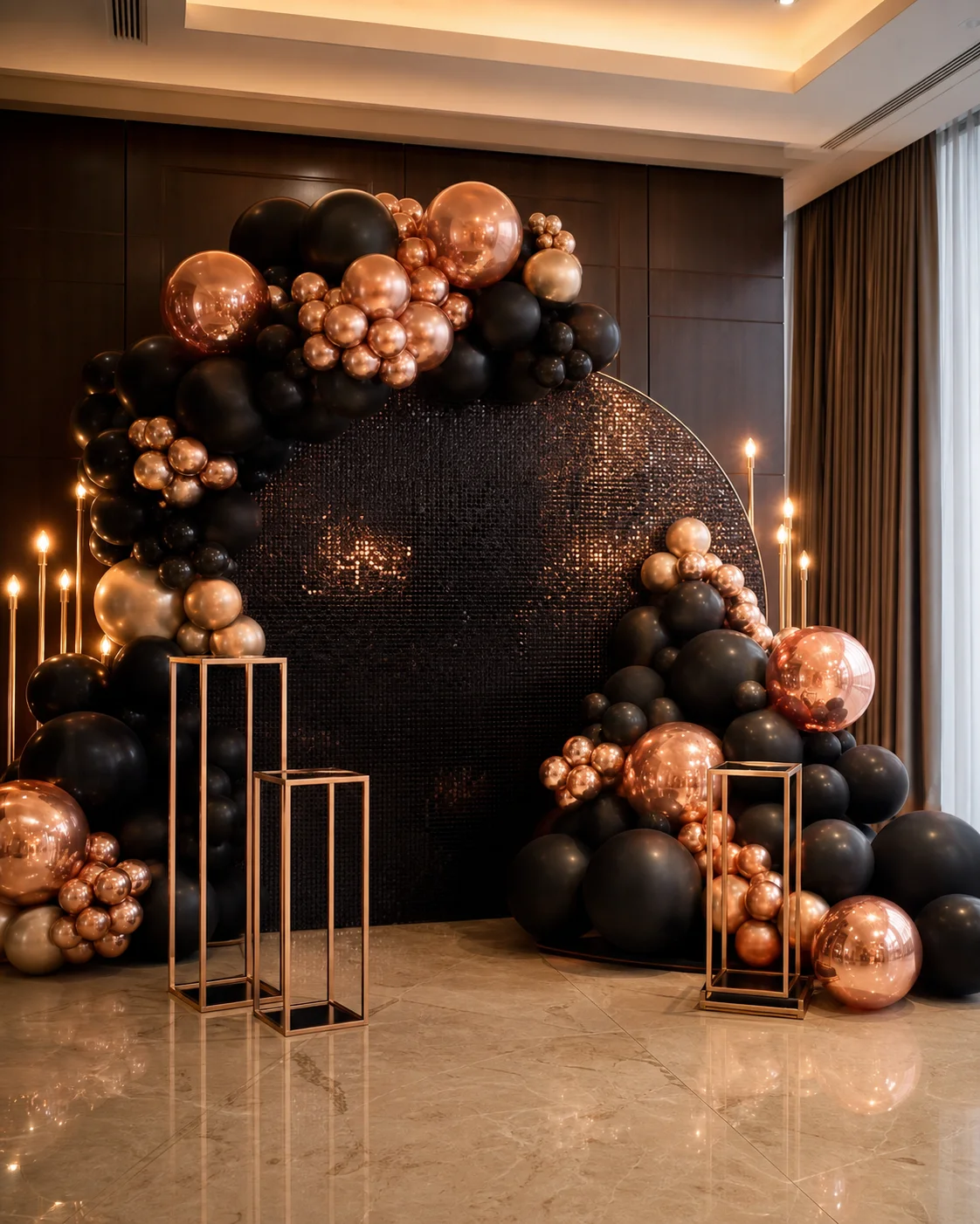 Black and rose gold luxury milestone birthday decoration