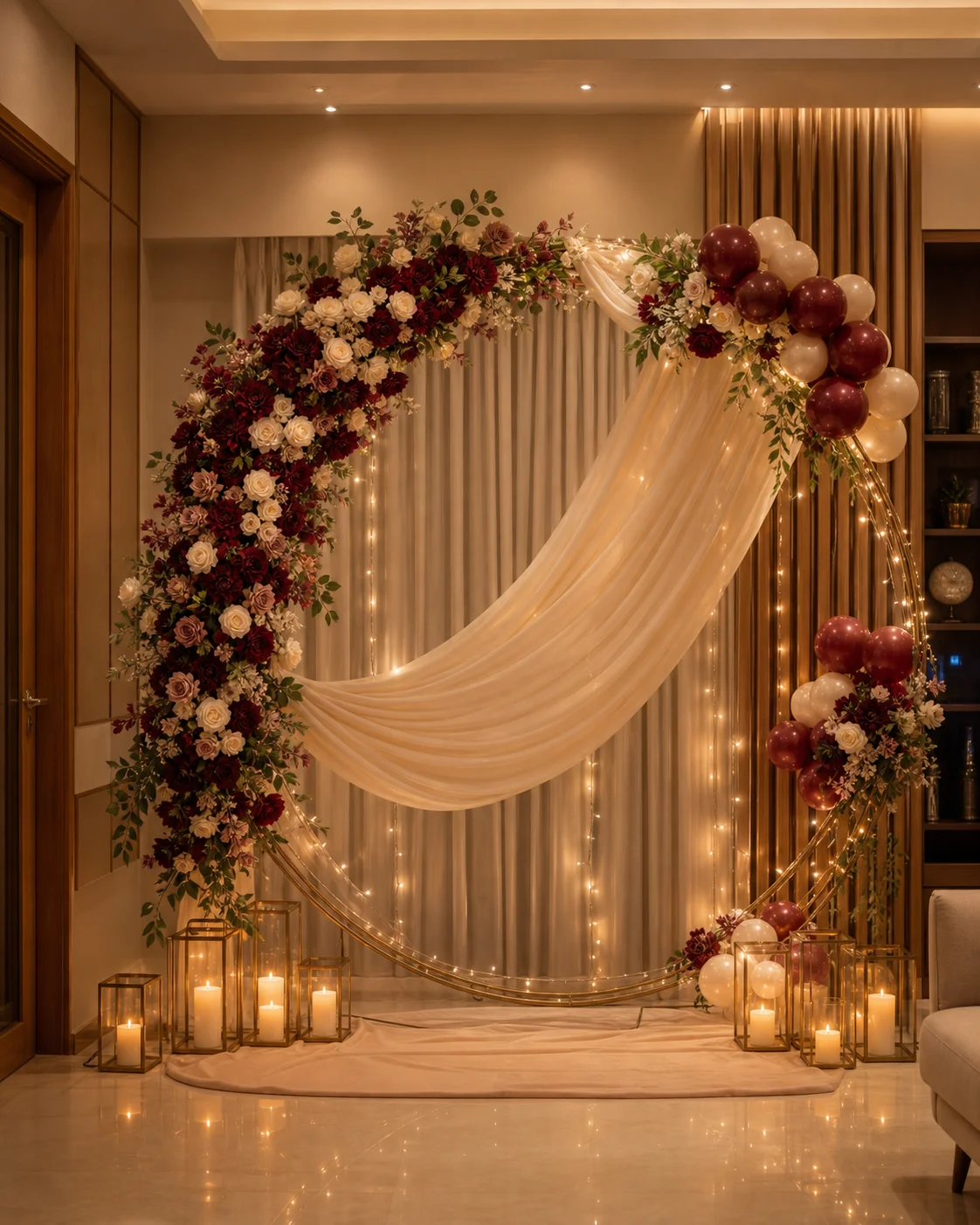 Burgundy and ivory floral ring anniversary decoration