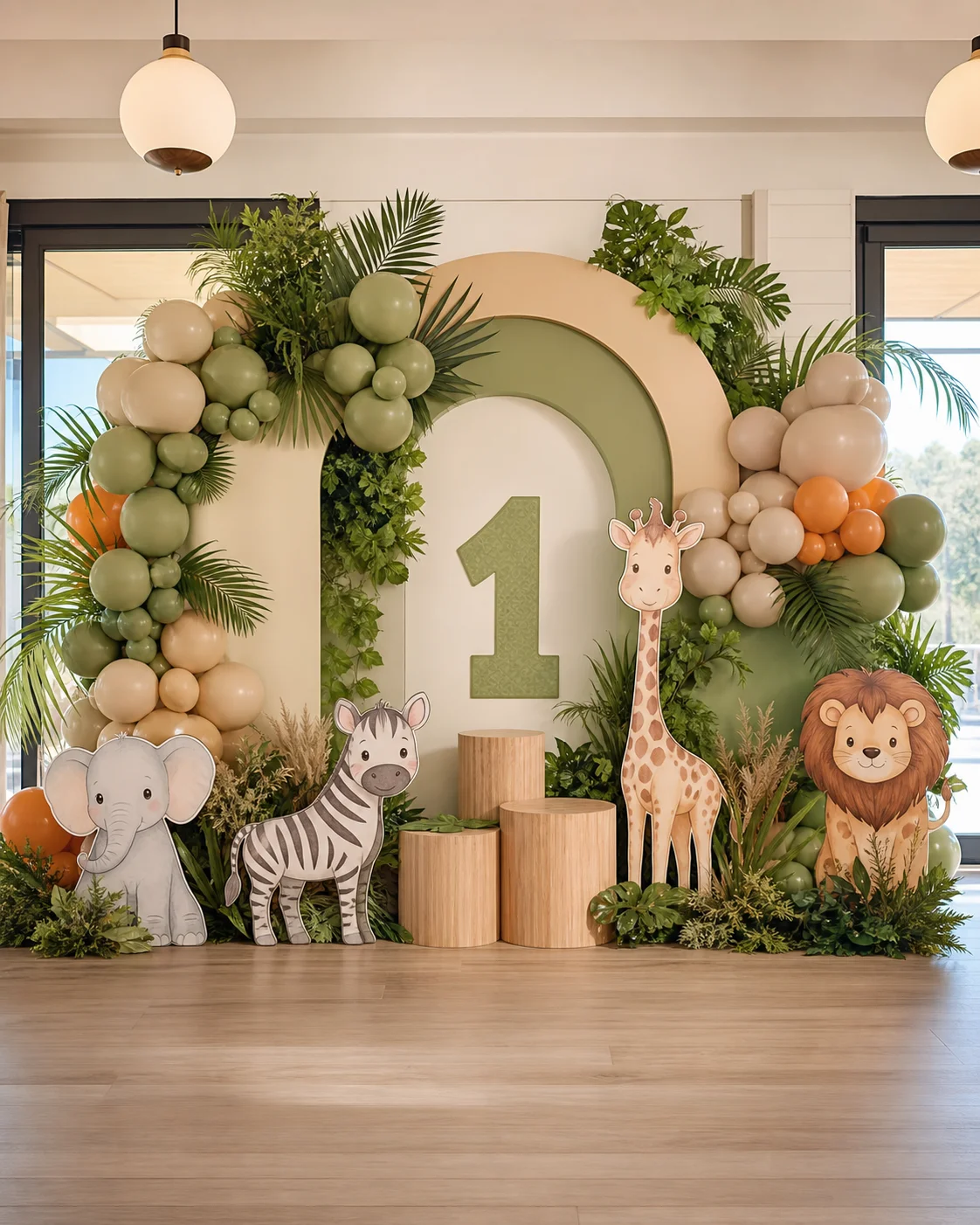 Premium jungle safari first birthday decoration with foliage and balloons