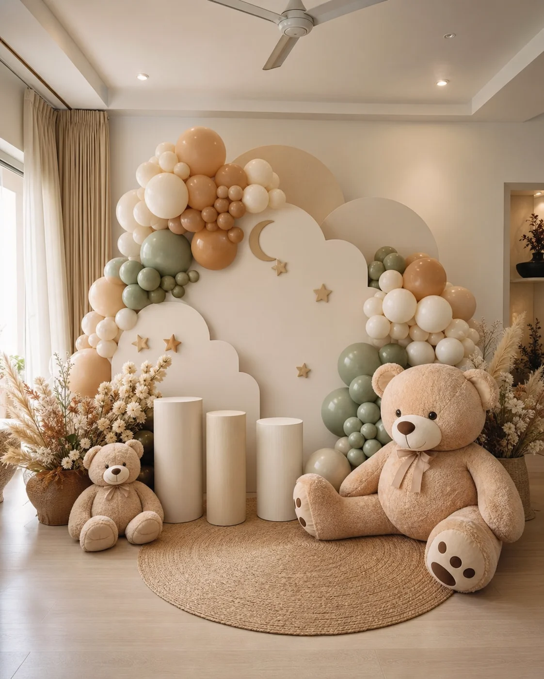 Neutral teddy bear baby shower decoration with cloud panels