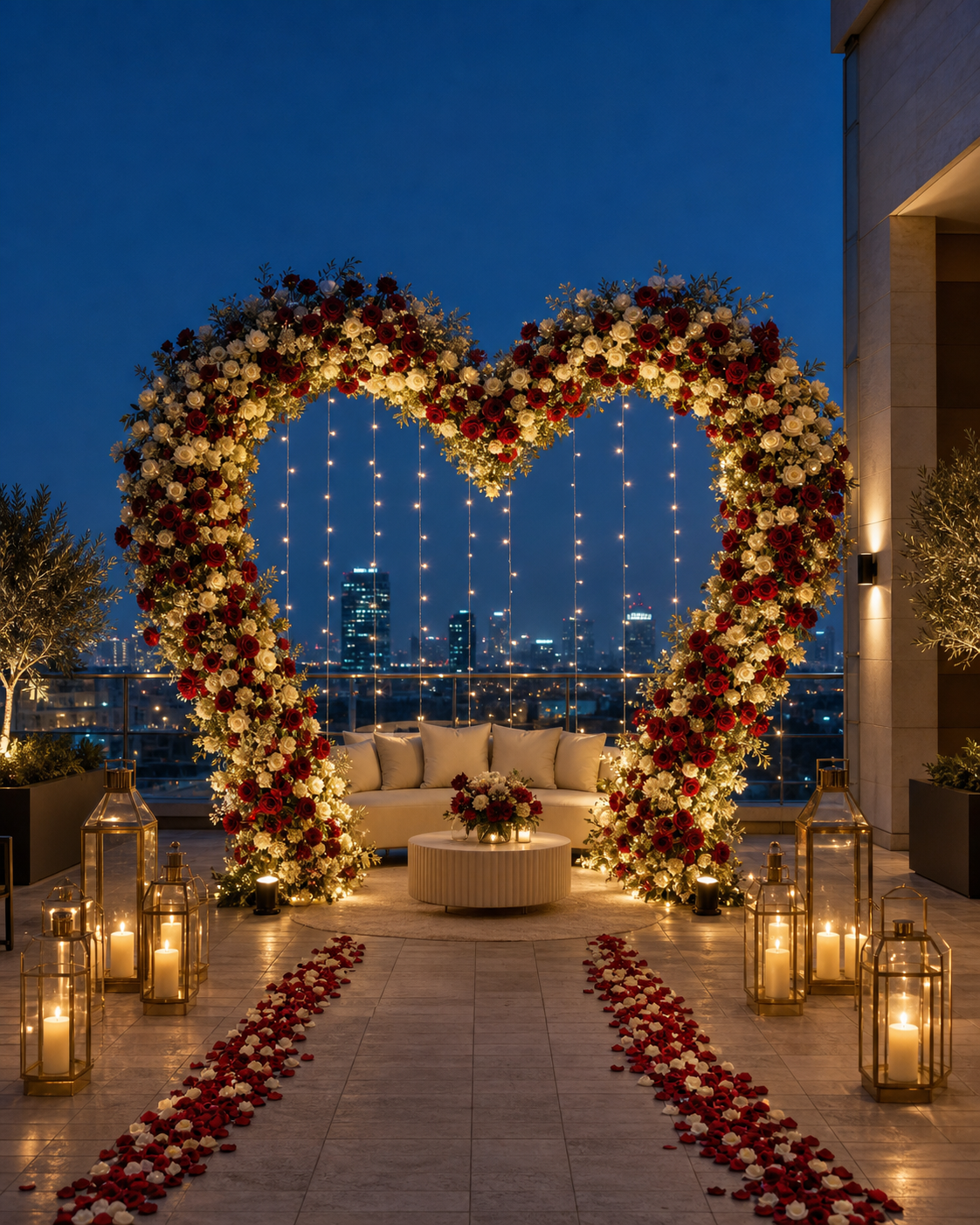 Red and ivory floral heart proposal decoration on a rooftop
