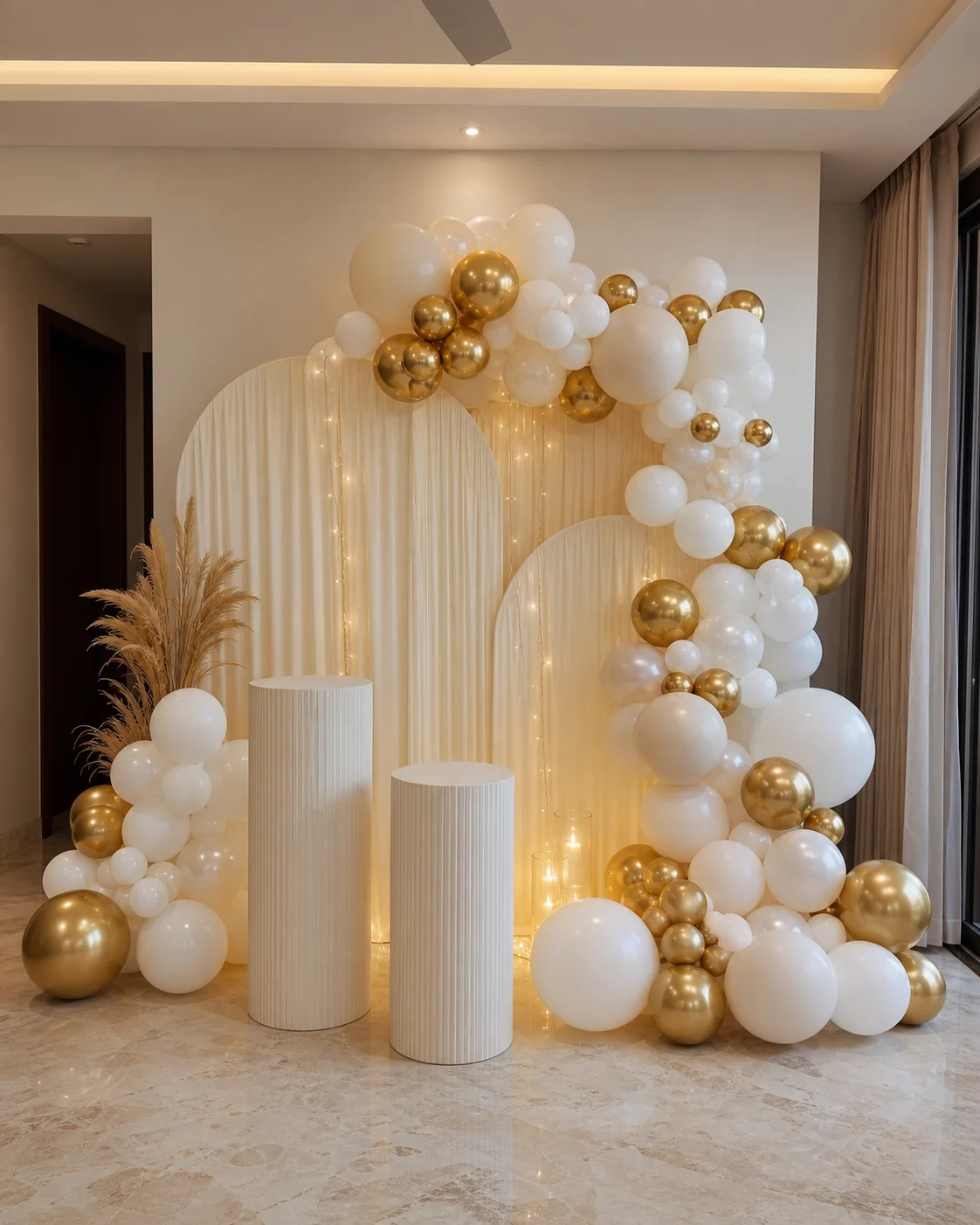 White and gold minimal luxury birthday decoration in a modern apartment