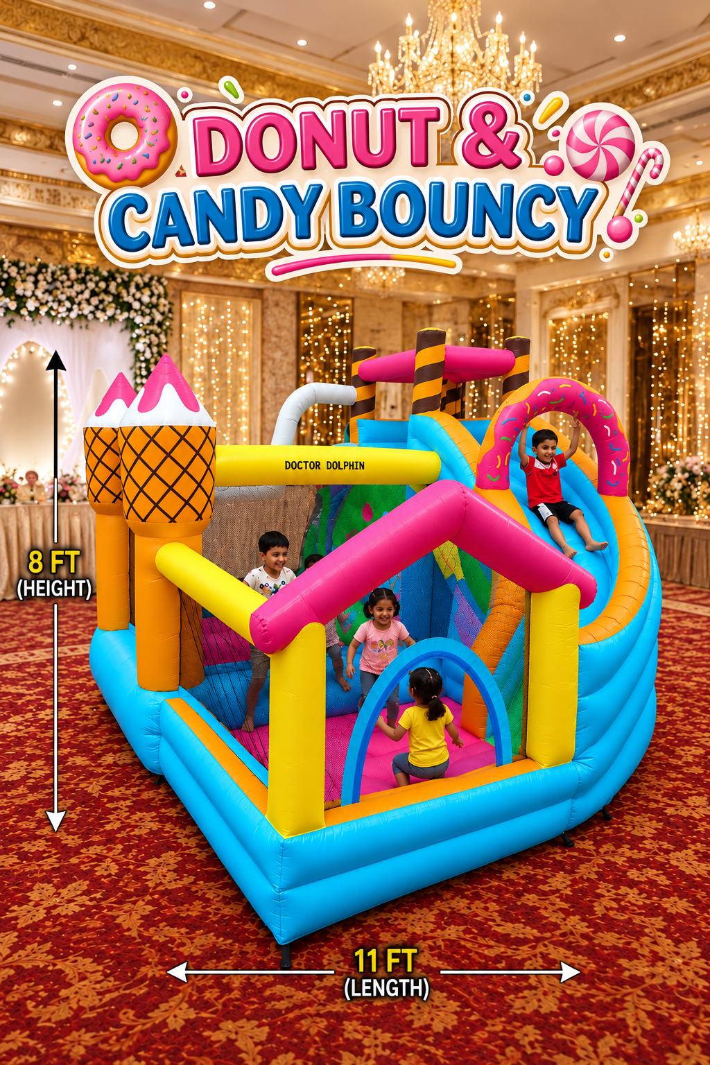 Donut and candy bouncy castle with slide