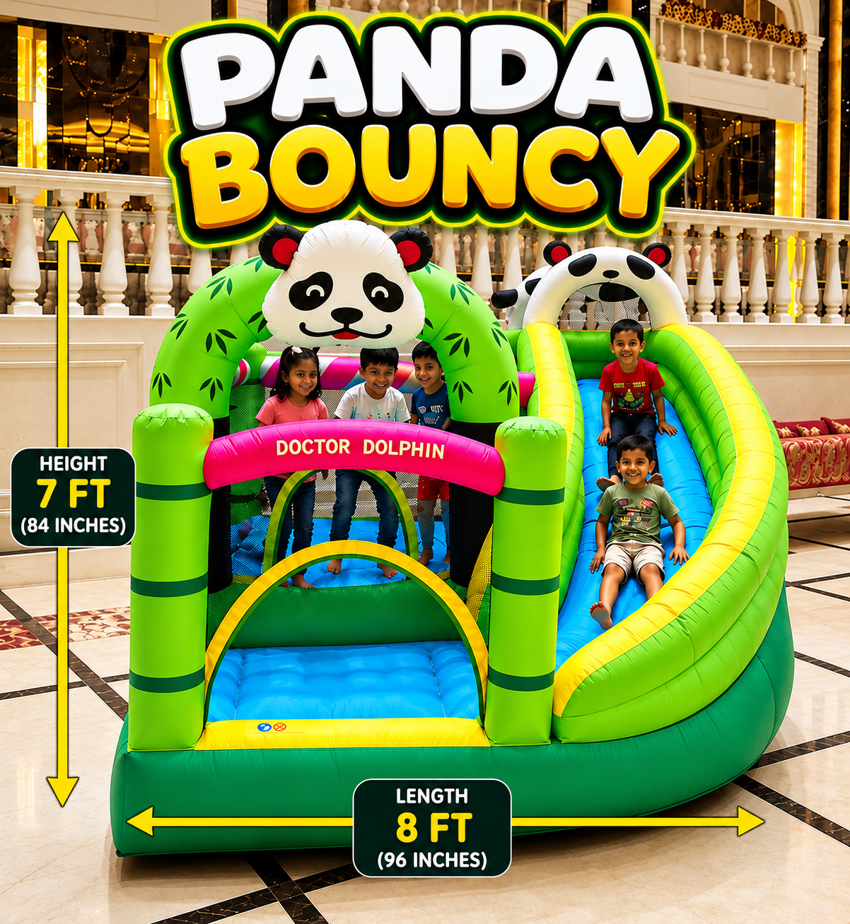Green panda bouncy castle with slide