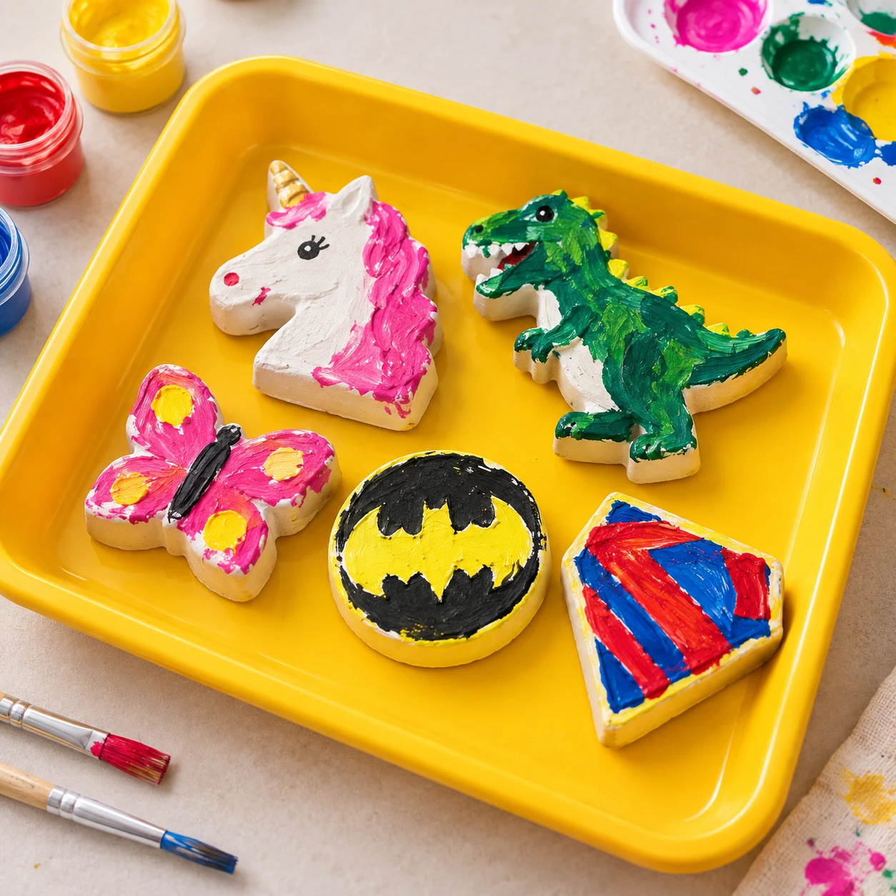 Colourful painted character crafts for a party workshop