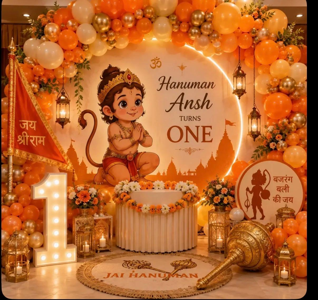 Baby Hanuman First Birthday Setup balloon decoration setup in Delhi NCR