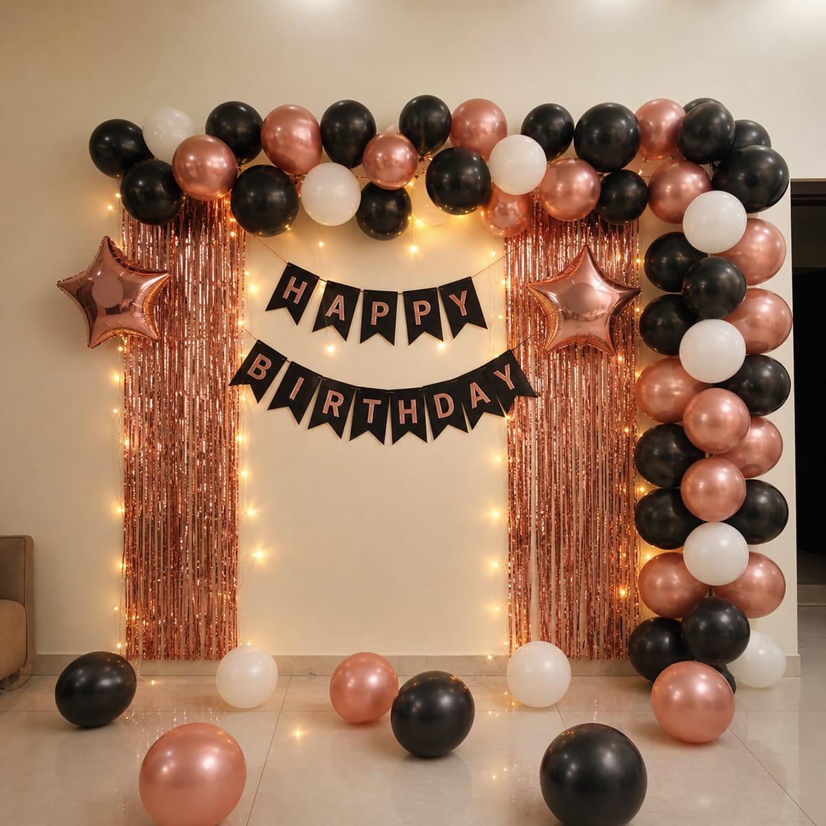 Black & Rose Gold Birthday Wall balloon decoration setup in Delhi NCR