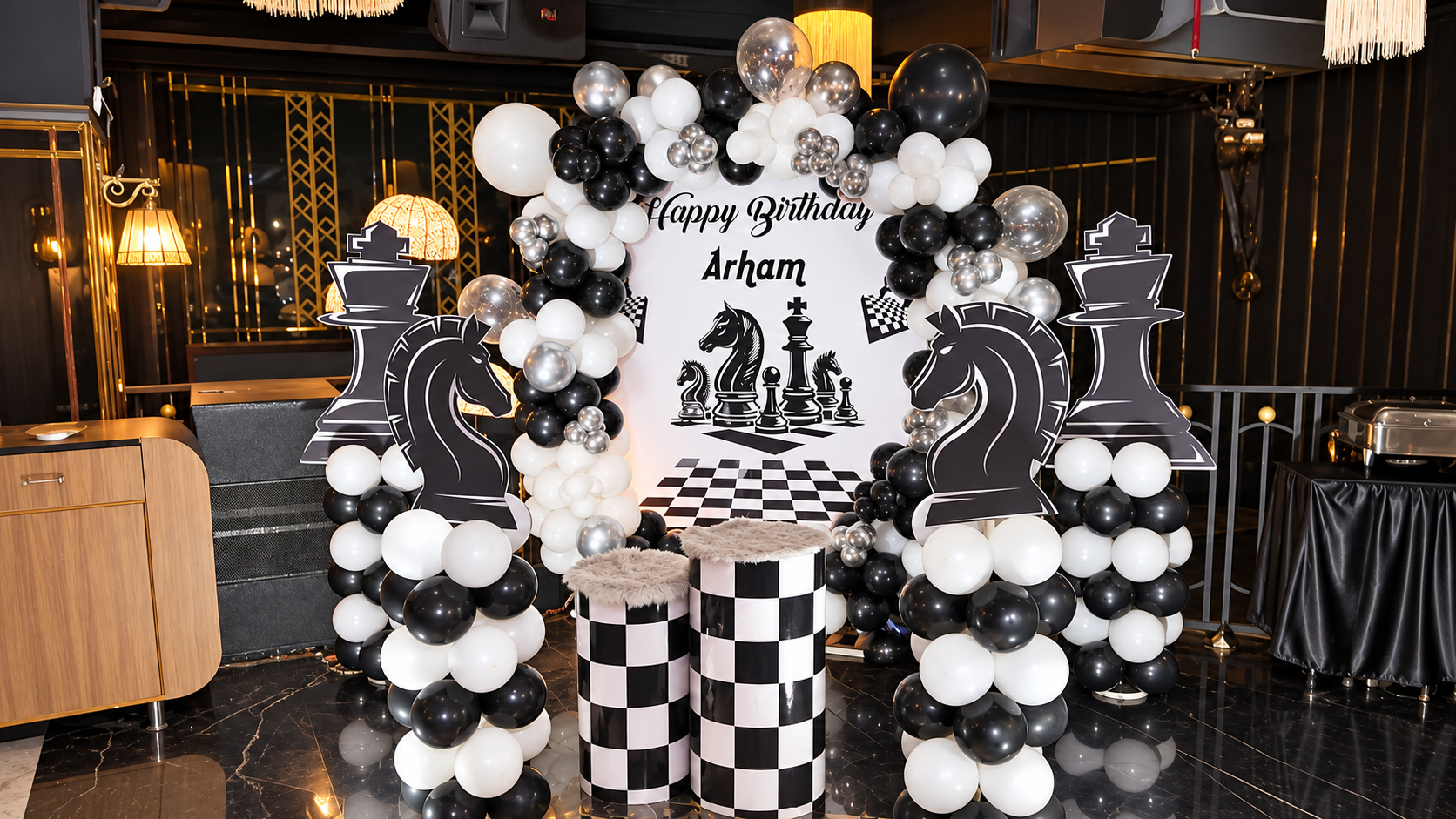 Black & White Chess Birthday Backdrop balloon decoration setup in Delhi NCR
