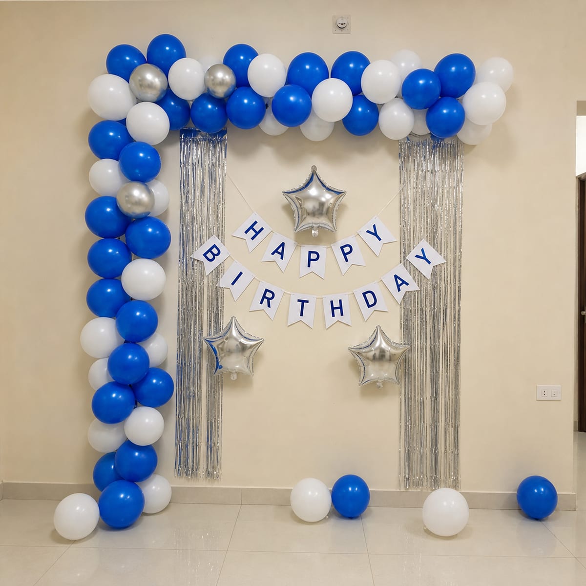 Blue & White Minimal Birthday balloon decoration setup in Delhi NCR