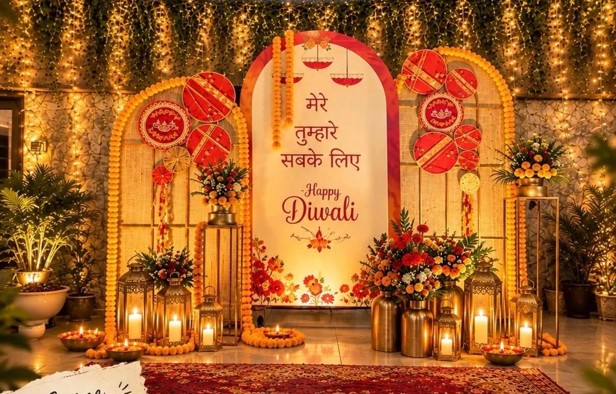 Diwali backdrop with marigold garlands, floral arrangements, lanterns and warm festive lighting