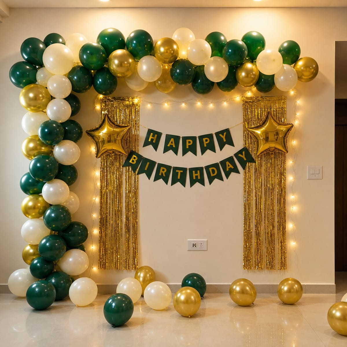 Emerald Green & Gold Birthday balloon decoration setup in Delhi NCR