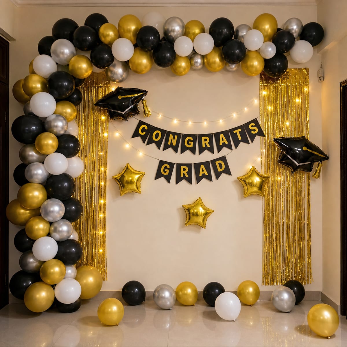 Graduation Caps & Stars Celebration balloon decoration setup in Delhi NCR