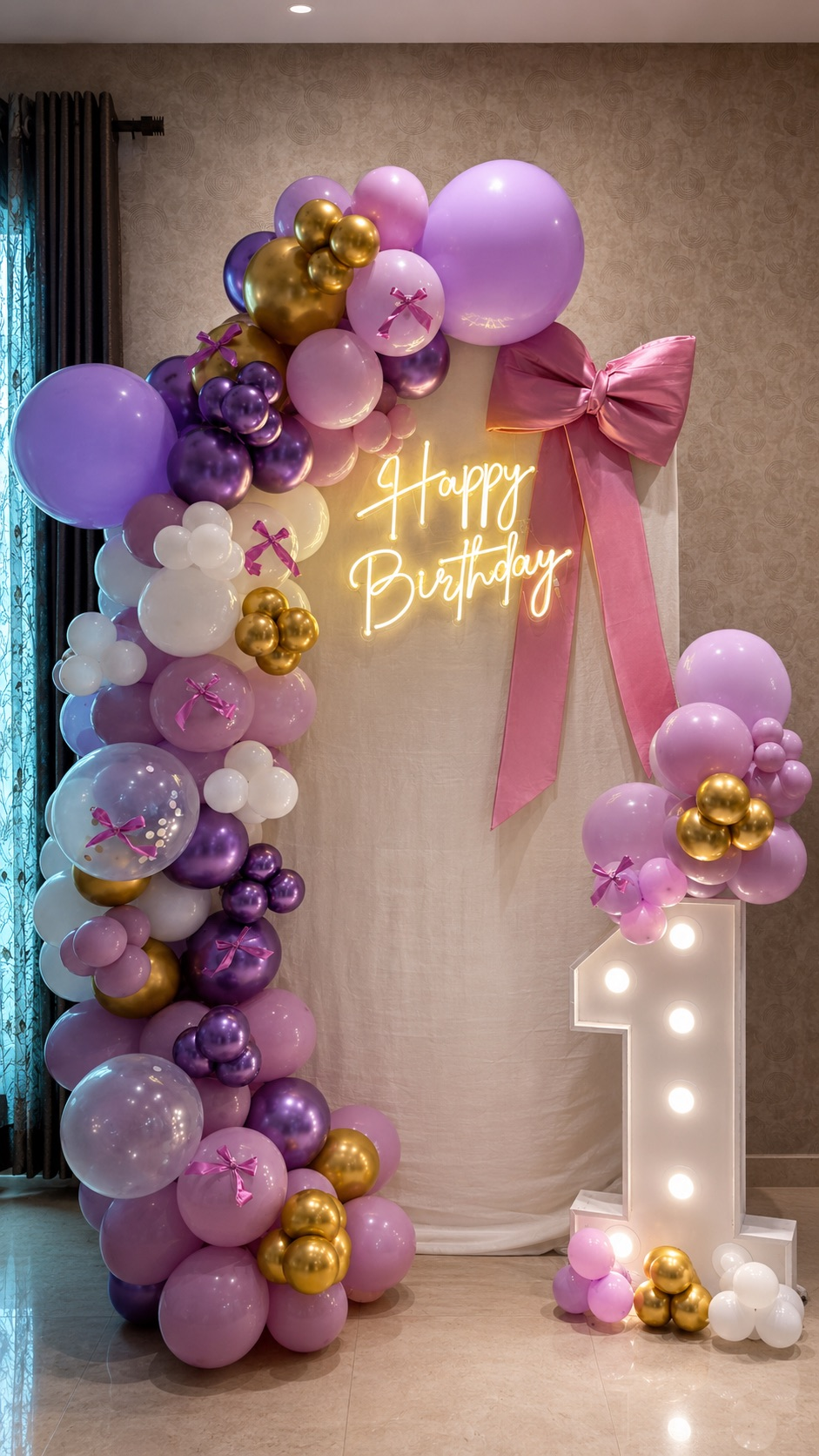 Lavender Bow First Birthday Luxe balloon decoration setup in Delhi NCR