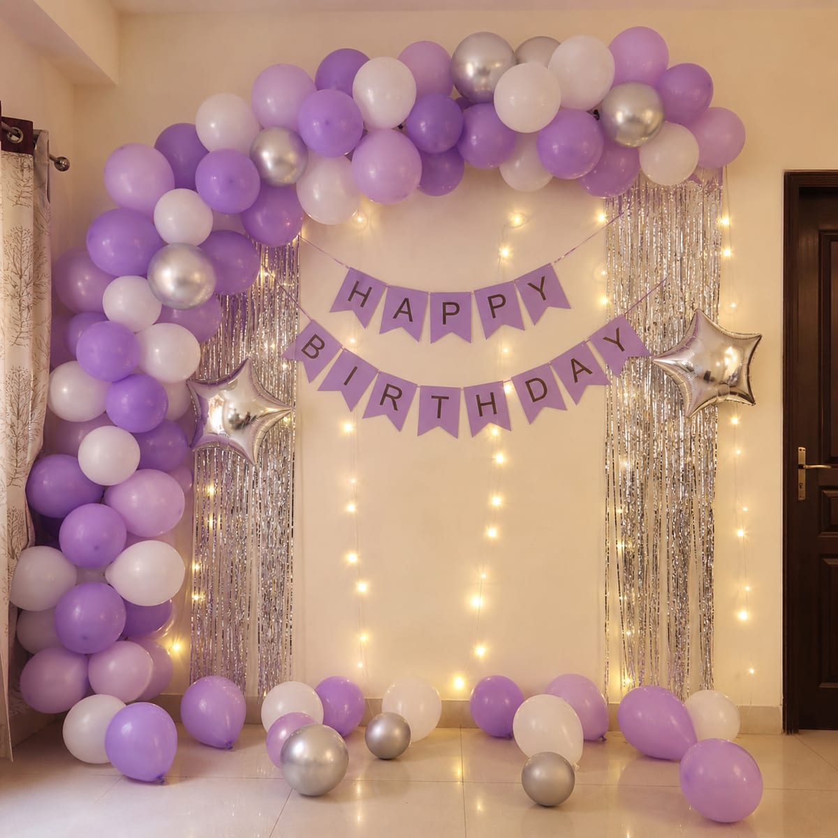 Lavender & Silver Birthday Wall balloon decoration setup in Delhi NCR