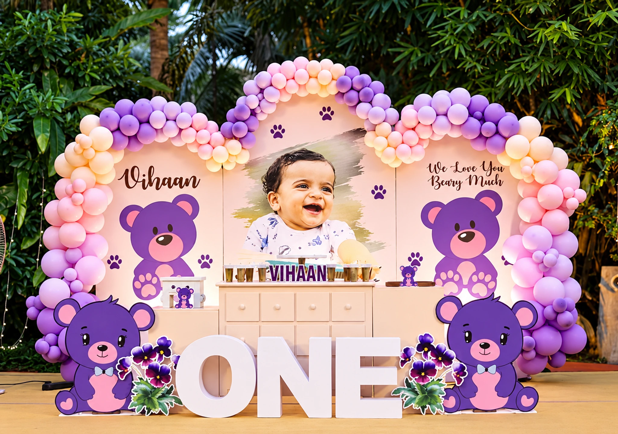 Lavender Teddy First Birthday Backdrop balloon decoration setup in Delhi NCR