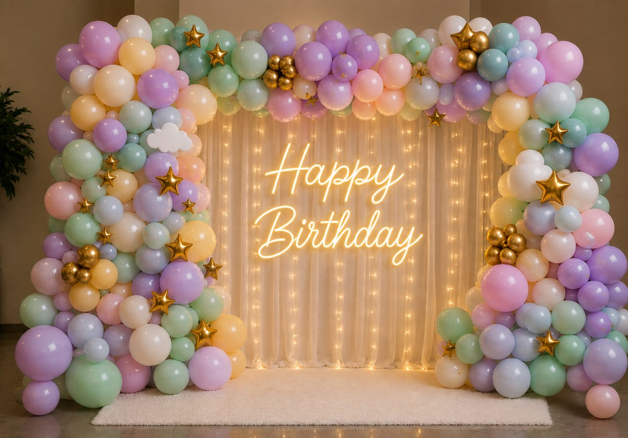 Pastel Starlight Birthday Balloon Wall balloon decoration setup in Delhi NCR