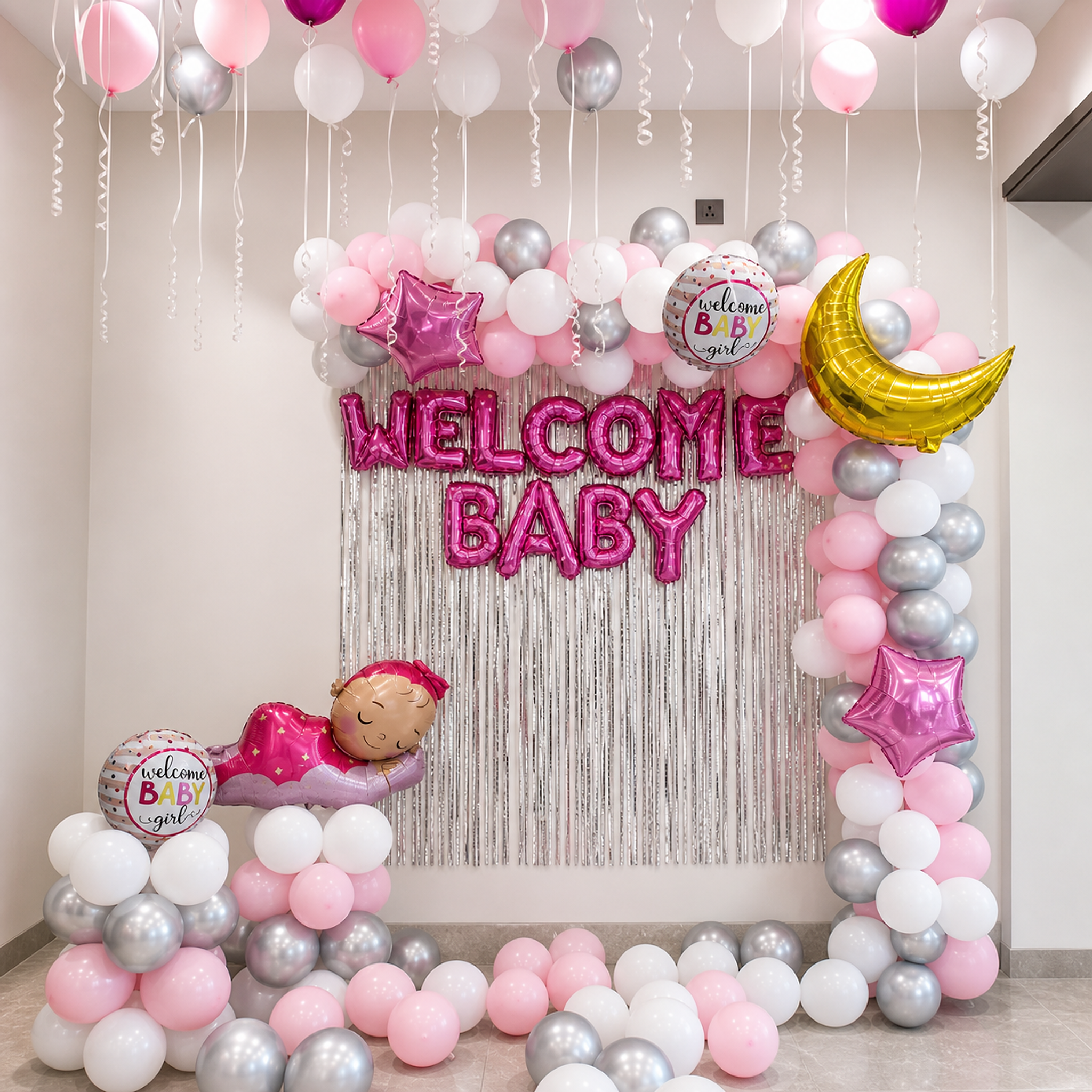 Pink & Silver Welcome Baby Room balloon decoration setup in Delhi NCR