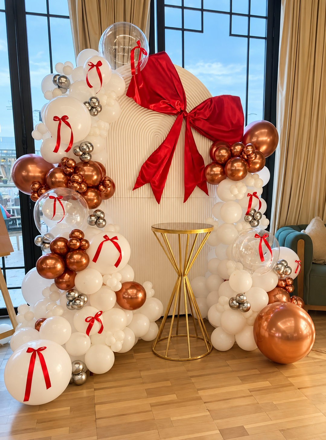 Red Bow & Ivory Birthday Backdrop balloon decoration setup in Delhi NCR