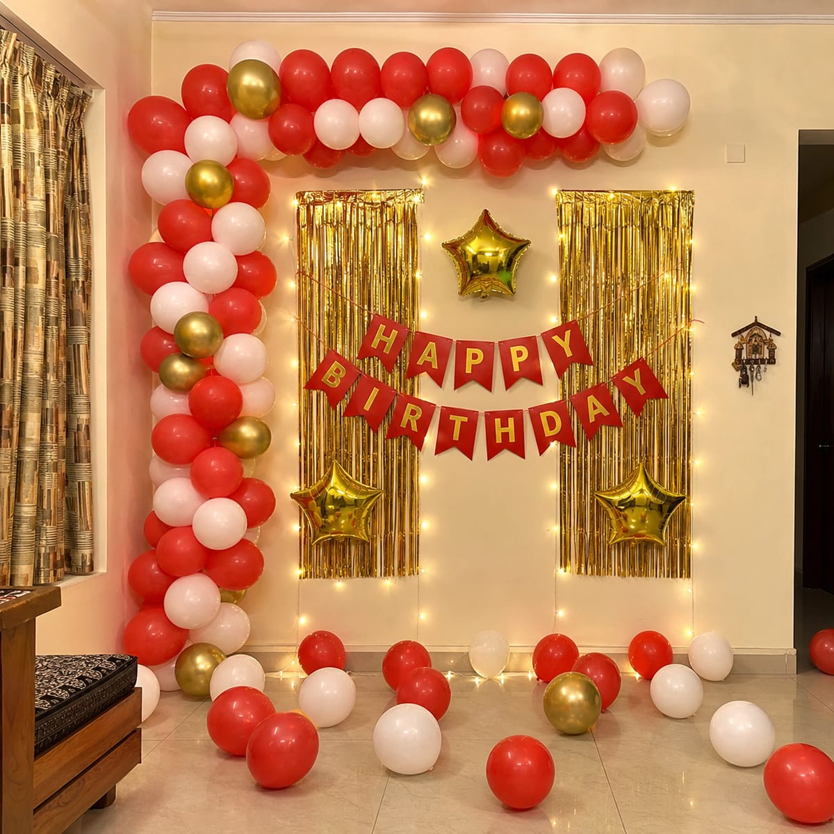 Red & Gold Birthday Surprise balloon decoration setup in Delhi NCR