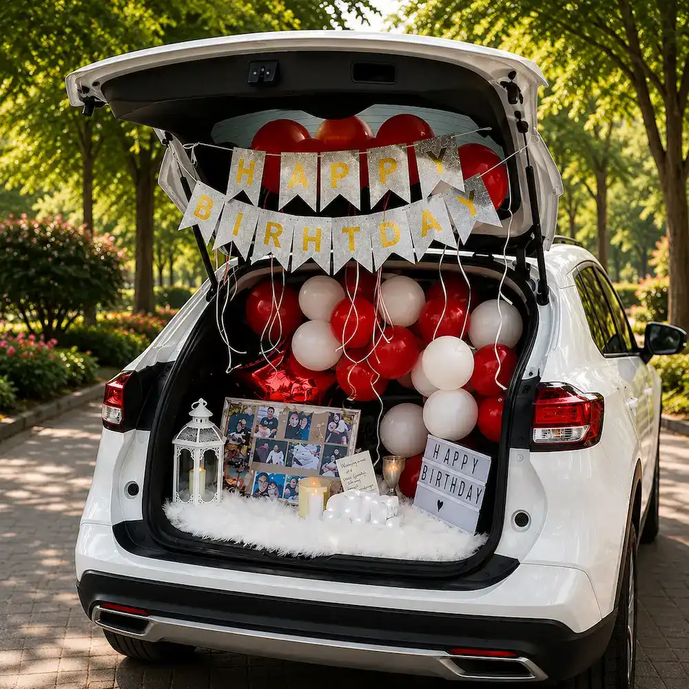 Red & White Car Boot Birthday Surprise
