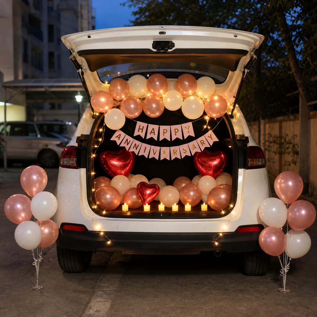 Starlit Car Boot Anniversary Surprise balloon decoration setup in Delhi NCR